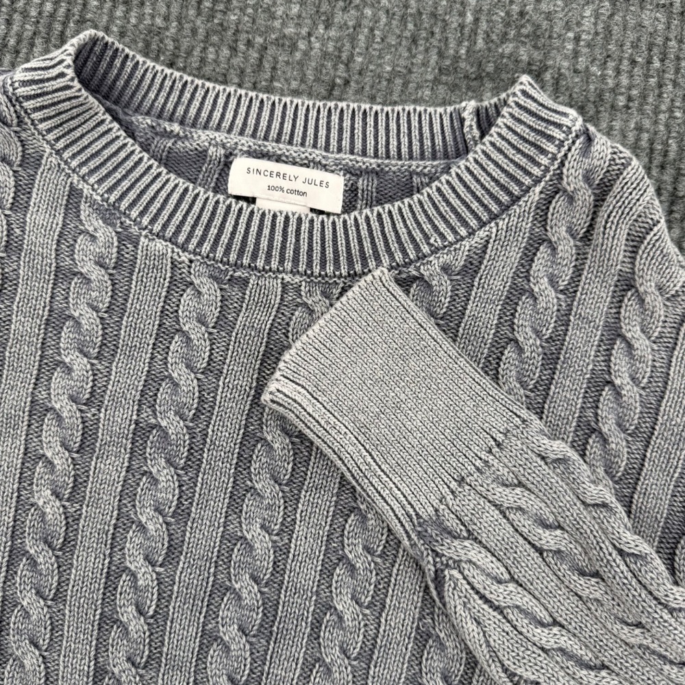 Sincerely Jules Womens Small Blue 100% Cotton Cable Knit Cropped Sweater